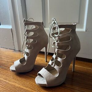 Tan suede laced up heels, size 7
